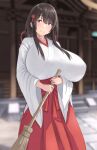  1girl black_hair blue_eyes blurry blurry_background blush breasts broom closed_mouth hair_ornament highres holding holding_broom huge_breasts japanese_clothes long_hair long_sleeves looking_at_viewer miko natsuishi_nana original outdoors red_skirt skirt smile wide_sleeves 