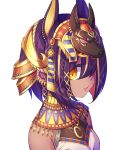  1girl animal_ears ankh blonde_hair breasts colored_inner_hair commentary_request dark-skinned_female dark_skin edamame_senpai egyptian egyptian_clothes gem gold hair_ornament hair_over_one_eye jackal_ears looking_at_viewer multicolored_hair original patterned_hair purple_hair small_breasts solo streaked_hair two-tone_hair usekh_collar white_background yellow_eyes 