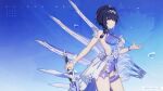  1girl bare_shoulders blue_theme bracelet braid breasts bubble character_name chinese_commentary highres holding holding_sword holding_weapon honkai_(series) honkai_impact_3rd jewelry large_breasts logo looking_at_viewer medium_hair multiple_swords official_art official_wallpaper open_hand raiden_mei raiden_mei_(herrscher_of_origin) simple_background smile solo swimsuit sword thigh_strap upper_body weapon 