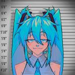  1girl absurdres aqua_eyes aqua_hair aqua_necktie artist_name bare_shoulders closed_mouth commentary english_commentary grey_shirt hair_between_eyes hair_ornament half-closed_eyes hatsune_miku height_chart height_mark highres long_hair looking_at_viewer mugshot necktie portrait sainttufa shadow shirt sleeveless sleeveless_shirt smile solo straight-on twintails vocaloid watermark 