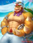  2023 abs anthro armband barazoku beard belt big_muscles blush bodily_fluids body_hair bottomwear bow_tie bowser bracelet bulge claws clothed clothing eyebrows facial_hair fenwick_art hair hand_on_hip happy_trail hat headgear headwear hi_res holding_object horn huge_muscles jewelry koopa looking_at_viewer male mario_bros muscular muscular_anthro muscular_male navel nintendo nipples non-mammal_nipples offering_to_viewer outside pants patreon pecs pubes scalie shell solo spiked_armband spiked_bracelet spiked_hat spiked_shell spikes spikes_(anatomy) standing sweat teeth text tongue top_hat topless topless_anthro topless_male url 