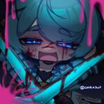  1girl :d absurdres artist_name blood blood_on_face blue_eyes blush cookie3w3 crazy_smile dress drill_hair gloves green_hair grey_dress gwen_(league_of_legends) hair_ornament highres holding holding_scissors league_of_legends long_hair looking_at_viewer pink_blood scissors smile solo twin_drills x_hair_ornament 