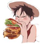  1boy absurdres black_hair burger burger_malfunction cheese closed_eyes commentary_request eating food hand_up hat highres holding holding_food lettuce light_blush male_focus monkey_d._luffy one_piece scar scar_on_face short_hair simple_background solo squirtle_e straw_hat tomato upper_body v-shaped_eyebrows white_background 