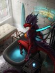  2020 adalfyre android anthro areola bathroom bathtub breasts butt cybernetics digital_media_(artwork) dragon female furniture hi_res horn machine nipples nude partially_submerged robot signature solo tail tanatris tools water window 
