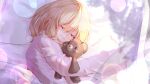  1girl :3 alternate_costume arknights blonde_hair closed_eyes closed_mouth commentary death-ying durin_(arknights) highres lying medium_hair object_hug on_side pajamas pink_pajamas pointy_ears sleeping sleeves_past_wrists solo stuffed_animal stuffed_toy teddy_bear upper_body wide_sleeves 
