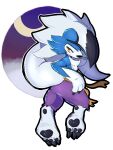  2018 anthro belly blue_body bottomwear butt capcom chest_tuft clothing cloud darkstalkers generation_7_pokemon hi_res looking_back lycanroc moon night nintendo pants pokemon pokemon_(species) solo solo_focus sulphie tuft white_belly yellow_eyes 
