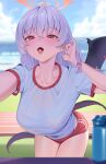 1girl absurdres ahoge bad_anatomy black_tail black_wings blue_archive breasts buruma candy collarbone commentary cowboy_shot doufu_(pixiv9093484) fake_wings food grey_hair gym_shirt gym_uniform hair_between_eyes halo haruna_(blue_archive) haruna_(track)_(blue_archive) highres large_breasts long_hair official_alternate_costume open_mouth red_buruma red_eyes red_halo shirt short_sleeves single_wing solo tongue tongue_out white_shirt wings 