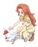  1girl absurdres animal bird blue_eyes blush brown_footwear chicken cucco dress eyelashes female_child full_body hair_intakes highres long_hair malon neckerchief open_mouth orange_hair outstretched_arms powerhamuhamu round_teeth short_sleeves sidelocks simple_background solo squatting teeth the_legend_of_zelda the_legend_of_zelda:_ocarina_of_time upper_teeth_only white_background yellow_dress yellow_neckerchief 