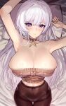  1girl absurdres aran_sweater azur_lane belfast_(azur_lane) belfast_(shopping_with_the_head_maid)_(azur_lane) blush breasts brown_sweater cable_knit choker cleavage collarbone earrings highres hoop_earrings jewelry kaki_z3 large_breasts long_hair looking_at_viewer lying off-shoulder_sweater off_shoulder official_alternate_costume on_back on_bed pantyhose purple_eyes solo striped_choker sweater white_hair 