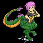  2022 berribyte black_background breasts digital_media_(artwork) dinosaur ear_piercing female green_body green_scales hair hi_res human looking_back mammal on_one_leg piercing pink_hair reptile scales scalie simple_background solo species_transformation standing transformation triforce_print 
