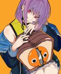  1girl absurdres bread chainsaw chainsaw_man choker earrings fami_(chainsaw_man) food highres jacket jewelry loaf_of_bread looking_at_viewer multiple_moles orange_dog pochita_(chainsaw_man) purple_eyes red_eyes ringed_eyes sailen0 shirt shorts sitting yellow_background yellow_shirt 
