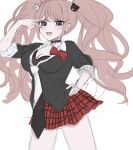  1girl :d bear_hair_ornament black_bra black_necktie blush bow bra breasts cleavage cowboy_shot danganronpa:_trigger_happy_havoc danganronpa_(series) enoshima_junko hair_ornament hand_on_own_hip highres large_breasts long_hair miniskirt necktie plaid plaid_skirt red_bow red_nails red_skirt shirase_aron_(sisisiroo) skirt smile solo teeth twintails underwear unfinished upper_teeth_only v_over_eye white_necktie 