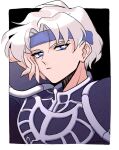  1990s_(style) 1boy armor black_background blue_eyes blue_headband bright_pupils closed_mouth expressionless film_grain hand_on_own_cheek hand_on_own_face headband highres koma_0235 looking_at_viewer looking_to_the_side madou_monogatari male_focus outside_border parted_hair pauldrons puyopuyo retro_artstyle schezo_wegey short_hair shoulder_armor simple_background solo white_hair white_pupils 