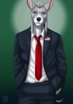  anthro black_nose blue_eyes bottomwear canid canine clothed clothing eyebrows fingers fur green_background grey_body grey_fur hair male mammal necktie pants sajophoe shirt simple_background solo standing tail topwear united_states_of_america white_eyebrows white_hair 