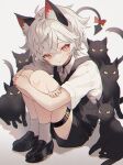  1other :3 ahoge androgynous animal animal_ears black_cat black_shorts black_vest blush bow cat cat_ears cat_tail collared_shirt colored_sclera crossed_bangs dot_nose hair_between_eyes heart heart_tail highres hugging_own_legs knees knees_up light_blush looking_at_viewer looking_up messy_hair namiki_itsuki original red_bow red_eyes shirt short_hair short_sleeves shorts simple_background sitting socks solo tail tail_bow tail_ornament thigh_strap thighs vest whiskers white_background white_hair white_shirt white_socks yellow_sclera 