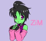  2000s_(style) ahoge arm_warmers black_hair blush character_name collar colored_skin commentary dreamscreep english_commentary fingerless_gloves gender_request gloves green_skin invader_zim open_mouth parted_bangs purple_eyes self-upload solo zim_(invader_zim) 