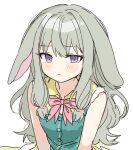  1girl animal_ears blush bow bowtie buttons closed_mouth embarrassed floppy_ears frown green_hair green_vest highres kusanagi_nene long_hair looking_at_viewer low_tied_sidelocks pink_bow pink_bowtie pjmiyo project_sekai purple_eyes rabbit_ears sidelocks simple_background solo upper_body vest white_background 