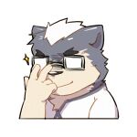  1boy adjusting_eyewear ajin_(hirainaoto1) animal_ears bara beenic chibi cropped_torso dog_boy dog_ears forked_eyebrows furry furry_male glasses grey_fur hand_up lowres male_focus opaque_glasses original short_hair solo sparkle thick_eyebrows 
