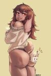  2:3 absurd_res anthro beverage big_butt black_clothing black_panties black_underwear blush brown_body brown_fur brown_hair bubble_butt butt candy cherry chocolate clothed clothing coffee_cup container cup dairy_products dessert female floppy_ears food fruit fur hair hi_res holding_container holding_cup holding_object hot_chocolate j8k_s lagomorph leporid long_ears long_hair looking_at_viewer looking_back looking_back_at_viewer lop_ears mammal messy_hair object_between_cheeks off_shoulder panties plant portrait rabbit rabbit_girl_(woobin94) red_eyes scut_tail short_tail simple_background smile smiling_at_viewer solo standing steam sweater tail thick_thighs three-quarter_portrait tongue tongue_out topwear underwear whipped_cream white_clothing white_sweater white_topwear yellow_background 