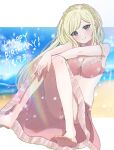  1girl absurdres ass bare_arms bare_shoulders beach bikini blue_sky braid breasts cleavage closed_mouth cloud crown_braid danganronpa_(series) danganronpa_2:_goodbye_despair danganronpa_s:_ultimate_summer_camp dated day fuyu_ko green_eyes happy_birthday highres knees_up large_breasts ocean official_alternate_costume outdoors pink_bikini sky smile solo sonia_nevermind swimsuit white_background 