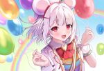  1girl :d animal_ears balloon bow collared_shirt commentary_request granblue_fantasy hands_up heart holding holding_balloon looking_at_viewer mouse_ears omuretsu rainbow red_bow red_eyes shirt short_sleeves smile solo upper_body vikala_(granblue_fantasy) white_hair white_shirt wrist_cuffs 