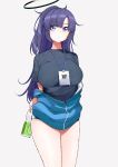  1girl arm_behind_back bare_legs black_buruma black_shirt blue_archive blue_eyes blue_jacket bottle breasts buruma closed_mouth commentary_request facial_tattoo grey_background gym_shirt gym_uniform halo highres holding holding_bottle jacket large_breasts miya_ur parted_bangs purple_hair shirt simple_background solo standing star_tattoo tattoo thighs yuuka_(blue_archive) yuuka_(track)_(blue_archive) 