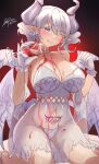  1girl absurdres alcohol blush breasts cleavage collarbone cup demon_girl demon_horns demon_wings drinking_glass duel_monster earrings grey_eyes grey_hair highres horns jewelry large_breasts looking_at_viewer lovely_labrynth_of_the_silver_castle low_wings multiple_wings one_eye_closed pointy_ears pubic_tattoo red_wine see-through signature sitting smile solo spread_cleavage tattoo tongue transparent_wings twintails wariza white_horns wine wine_glass wings yu-gi-oh! zee_n3 
