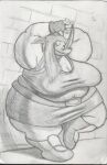  2006 against_surface against_wall anthro big_breasts boots bottomwear breasts clothed clothing female footwear graphite_(artwork) hair horn huge_breasts kazecat mammal muscular muscular_anthro muscular_female nipple_outline obese obese_anthro obese_female overweight overweight_anthro overweight_female pencil_(artwork) pose rhinoceros simple_background solo svetlana_(kazecat) traditional_media_(artwork) wall_(structure) 