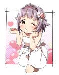  1girl bare_arms bare_shoulders blush bow breasts brown_eyes closed_mouth commentary_request cropped_legs dress flower grey_hair hair_bow hair_flaps hair_intakes hands_up heart highres idolmaster idolmaster_cinderella_girls koshimizu_sachiko looking_at_viewer one_eye_closed pink_flower pink_rose polka_dot polka_dot_background rose small_breasts solo strapless strapless_dress tiara white_bow white_dress yukie_(kusaka_shi) 