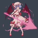  1girl aiza-ku ascot back_bow bat_wings blush bow closed_mouth collared_shirt dark_background frilled_shirt_collar frilled_socks frills full_body grey_background hat hat_ribbon head_tilt holding holding_polearm holding_weapon kneehighs large_bow looking_at_viewer mary_janes medium_hair mob_cap pink_headwear pink_shirt pink_skirt polearm puffy_short_sleeves puffy_sleeves purple_hair red_ascot red_bow red_eyes red_footwear red_ribbon remilia_scarlet ribbon ribbon-trimmed_headwear ribbon_trim shirt shoes short_sleeves simple_background skirt socks solo spear_the_gungnir touhou weapon white_socks wings wrist_cuffs 