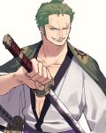  1boy alternate_costume bara collarbone earrings green_hair highres holding holding_weapon japanese_clothes jewelry kimono looking_at_viewer male_focus one_eye_closed one_piece pectoral_cleavage pectorals roronoa_zoro scar scar_across_eye shironegi_zzz short_hair smile smirk smug solo sword weapon white_background white_kimono 