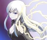  1girl black_jacket blue_eyes blue_hair bodysuit breasts cleavage closed_mouth collar devil_summoner gradient_background index_finger_raised jacket lightning lips long_hair looking_at_viewer nemissa o223 pale_skin sidelocks simple_background smile solo soul_hackers white_hair 