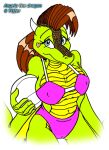  angela_(badgerben) anthro badgerben ball bikini blue_eyes brown_hair clothing dragon eyelashes female green_body green_scales hair heart_(marking) holding_object holding_toy horn looking_at_viewer purple_clothing scales solo swimwear toy 