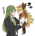  1boy 1girl anger_vein animal_ears blonde_hair bow bowtie brown_bow brown_bowtie brown_capelet brown_hairband brown_skirt capelet carrying carrying_person cat_ears cat_girl cat_tail collared_shirt green_necktie hair_bow hairband highres lobotomy_corporation long_hair long_sleeves looking_to_the_side mu46016419 necktie netzach_(project_moon) project_moon puffy_long_sleeves puffy_sleeves shirt sidelocks simple_background skirt sweat tail tiphereth_a_(project_moon) very_long_hair white_background white_shirt 