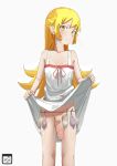  1girl bandaid bandaid_on_penis bare_arms blonde_hair clothes_lift condom condom_belt dress dress_lift futanari grin highres lifted_by_self long_hair looking_at_viewer monogatari_(series) oshino_shinobu penis simple_background sleeveless sleeveless_dress smile solo straysecond uncensored used_condom white_background white_dress yellow_eyes 