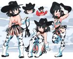  1girl animal_print arm_up armpits ass bikini black_collar black_eyes black_hair black_headwear boots collar cow_print crab ear_piercing earrings gloves hat highres holding holding_whip jewelry knees_up leg_up lucia_(scott_malin) multiple_views original piercing print_bikini print_thighhighs scott_malin sitting standing swimsuit white_footwear white_gloves 