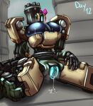  1_eye 2023 accessory armor bastion_(overwatch) big_breasts blizzard_entertainment blue_pussy blush blush_lines bodily_fluids bow_(feature) bow_accessory bow_ribbon breasts cleavage cleavage_overflow clothed clothing colored crossgender digital_drawing_(artwork) digital_media_(artwork) dripping_pussy english_text epsi110 female genital_fluids genitals hair_accessory hair_bow hair_ribbon headgear hi_res huge_breasts humanoid machine not_furry omnic overwatch pink_bow pussy pussy_juice ranged_weapon ribbons robot signature sitting solo text wariza weapon 