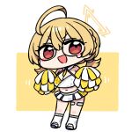  1girl ahoge blonde_hair blue_archive breasts chan_co cheerleader chibi cleavage crop_top full_body glasses hair_between_eyes halo kotori_(blue_archive) kotori_(cheer_squad)_(blue_archive) large_breasts looking_at_viewer low_twintails miniskirt open_mouth pleated_skirt pom_pom_(cheerleading) red_eyes short_twintails simple_background skirt smile solo twintails 