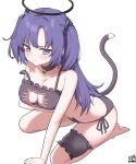  1girl alternate_costume animal_print bell black_bra black_choker black_halo black_panties blue_archive blue_eyes blue_hair bra breasts cat_lingerie cat_panties cat_print cat_tail choker cleavage fake_tail halo highres jingle_bell large_breasts long_hair meme_attire myeolchi neck_bell panties print_panties simple_background tail underwear white_background yuuka_(blue_archive) 