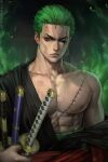  1boy artist_name bare_shoulders closed_mouth collarbone commentary earrings english_commentary glowing glowing_eye green_background green_eyes green_hair highres holding holding_sword holding_weapon jewelry katana male_focus muscular muscular_male nipples off_shoulder one_eye_closed one_piece roronoa_zoro scar scar_across_eye scar_on_chest sciamano240 short_hair single_earring sword weapon 