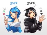  2022 2023 2girls :d bare_shoulders before_and_after black_hair black_hoodie blue_hair blue_nails breasts brown_eyes cropped_torso emo_fashion english_commentary hand_up hood hood_down hoodie large_breasts long_sleeves medium_hair multicolored_hair multiple_girls nail_polish shiny_skin short_hair smile striped_sleeves teeth twitter two-tone_hair upper_teeth_only vmat white_background white_hair 