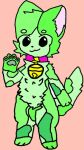  ambiguous_gender anthro bell bell_collar big_ears biped calico_cat collar domestic_cat eyebrows felid feline felis femmysoda fur green_body green_fur lime_(femmysoda) mammal no_pupils pawbs solo tagme tail 