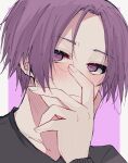  1boy black_shirt blue_lock blush closed_mouth hand_on_own_face hand_up highres long_sleeves looking_at_viewer male_focus mikage_reo natsuneco_02 portrait purple_background purple_eyes purple_hair shirt short_hair solo 