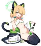  1girl :d absurdres animal_ear_headphones animal_ears bare_shoulders black_thighhighs blonde_hair blue_archive blush bottle bottomless bra breasts cat_ear_headphones fake_animal_ears green_eyes groin halo headphones highres jacket lettu long_hair looking_at_viewer midori_(blue_archive) navel off_shoulder open_mouth panties panties_removed seiza simple_background sitting small_breasts smile solo sports_bra strap_slip striped striped_panties sweat tail thighhighs underwear white_background white_bra 