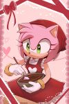  1girl amy_rose animal_ears animal_nose artist_name bow bowl bracelet breasts chocolate closed_mouth collared_shirt cooking dress english_commentary eyelashes food frills furry furry_female gloves gold_bracelet green_eyes hands_up head_scarf heart heart_print hedgehog_ears hedgehog_girl highres holding holding_bowl holding_spatula jewelry looking_down lunaerim medium_breasts pinafore_dress pink_background pink_fur red_bow red_dress red_headwear red_scarf scarf shirt simple_background sleeveless sleeveless_shirt smile solo sonic_(series) spatula standing table white_gloves white_shirt 