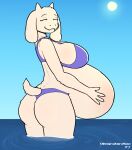  2023 4_fingers anthro belly big_belly big_breasts bikini boss_monster bovid breasts butt caprine clothed clothing dweevil eyes_closed female fingers fur hi_res horn mammal mature_anthro mature_female partially_submerged pregnant pregnant_female purple_clothing signature smile solo standing standing_in_water swimwear tail toriel undertale undertale_(series) water white_body white_fur white_tail 