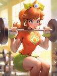  1girl blue_eyes bluestrikezx blush breasts brown_hair daisy dumbbell earrings exercise expressionless fingerless_gloves flower flower_earrings gloves green_shorts gym highres indoors jewelry legs lipstick makeup mario_(series) muscular muscular_female ponytail princess_daisy ribbon short_shorts shorts solo squatting thighs weightlifting weights window 