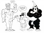  abs anthro ape badger black_and_white bottomwear bruce_(brucebadger) brucebadger chippendales clothing erection flaccid genitals gor_(tomcat) gorilla group haplorhine hat headgear headwear humanoid humanoid_genitalia humanoid_penis male mammal monochrome musclegut muscular muscular_anthro muscular_male mustelid musteline nipples nude orc party_hat pecs pencil penis primate shorts trassk trio 