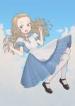  1girl alice_(alice_in_wonderland) alice_in_wonderland apron bangs_pinned_back black_footwear blonde_hair blue_dress blue_eyes blue_sky blush cloud commentary_request commission dress floating forehead full_body hands_up long_hair looking_at_viewer mary_janes omodaka_(nitera1041) open_mouth pantyhose puffy_short_sleeves puffy_sleeves shoes short_sleeves skeb_commission sky smile solo wavy_hair white_apron white_pantyhose 