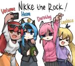  &gt;_&lt; 4girls :d arm_up belt black_shirt blonde_hair blue_hair bocchi_the_rock! brown_eyes cellphone character_name collared_shirt cosplay dark-skinned_female dark_skin dorothy_(nikke) eyewear_on_head goddess_of_victory:_nikke gotou_hitori gotou_hitori_(cosplay) grey_skirt hat headgear helm_(nikke) holding holding_another&#039;s_wrist holding_phone ijichi_nijika ijichi_nijika_(cosplay) jacket kita_ikuyo kita_ikuyo_(cosplay) laplace_(nikke) long_hair military_hat multiple_girls nijigen_blueshy open_mouth orange_skirt parody peaked_cap phone pink_hair pink_jacket pleated_skirt purple_eyes purple_shirt selfie shaded_face shirt skirt smartphone smile sunglasses track_jacket twintails v volume_(nikke) white_shirt xd yamada_ryou yamada_ryou_(cosplay) 